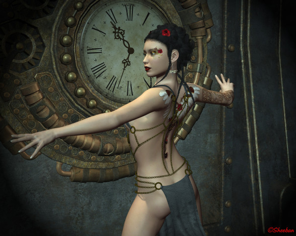 Обои картинки фото 3д графика, фантазия , fantasy, фон, взгляд, часы, тату, девушка
