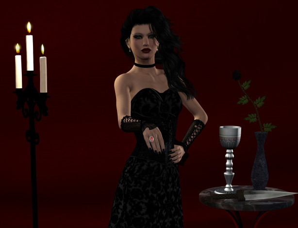 Обои картинки фото 3д графика, люди , people, фон, взгляд, чаша, свечи, девушка