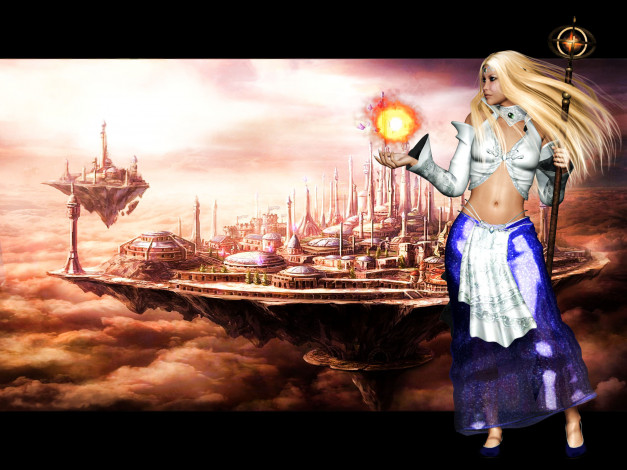 Обои картинки фото 3д графика, фантазия , fantasy, девушка, магия, шест, город, фон, взгляд