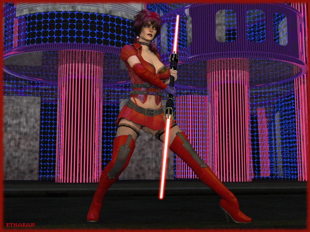 Обои картинки фото 3д графика, фантазия , fantasy, оружие, фон, взгляд, девушка, рыжая