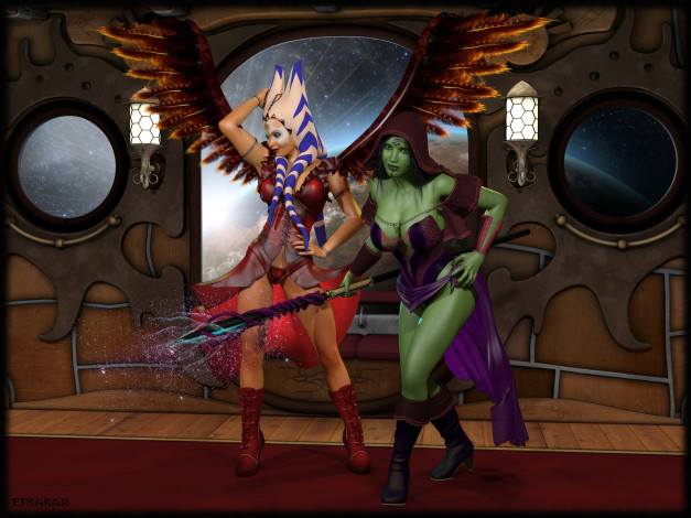 Обои картинки фото 3д графика, существа , creatures, халки, взгляд, фон, оружие, магия