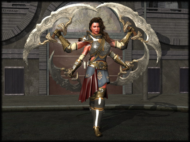 Обои картинки фото 3д графика, существа , creatures, взгляд, девушка, фон, оружие