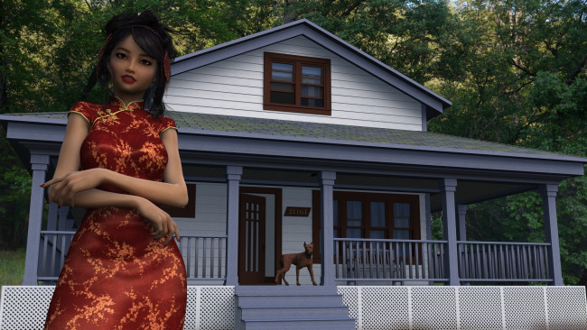 Обои картинки фото 3д графика, люди , people, собака, дом, ограждение, лестница, взгляд, девушка