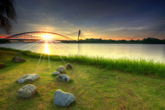 Обои картинки фото природа, восходы, закаты, река, мост, рассвет