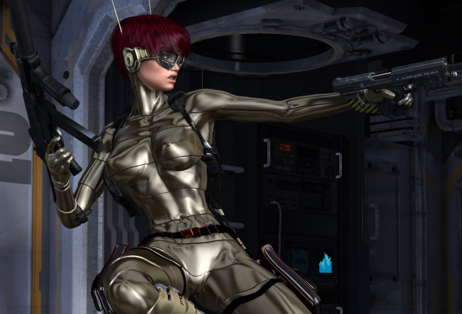 Обои картинки фото 3д графика, фантазия , fantasy, фон, взгляд, девушка, наушники, очки, оружие