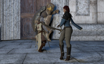 Картинка 3д+графика фантазия+ fantasy девушка черепаха оружие фон взгляд