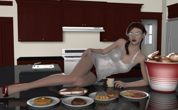 Картинка 3д+графика люди+ people девушка взгляд фон интерьер стол