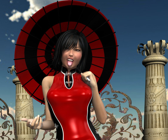 Обои картинки фото 3д графика, люди , people, девушка, взгляд, фон, зонтик