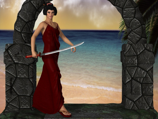 Обои картинки фото 3д графика, фантазия , fantasy, фон, девушка, взгляд, оружие