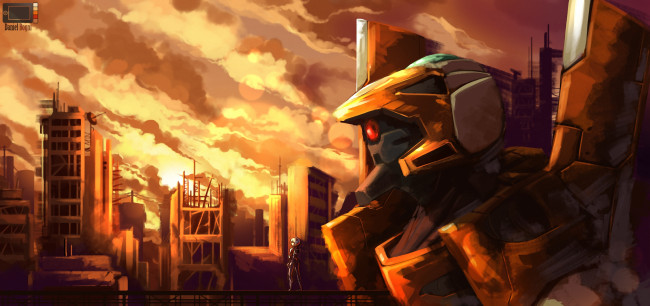 Обои картинки фото аниме, evangelion, девушка, меха, rei, eva01, робот, город
