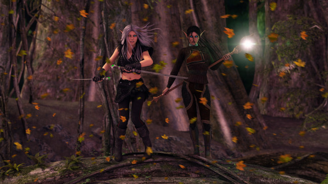 Обои картинки фото 3д графика, эльфы , elves, эльфийки, взгляд, фон, оружие