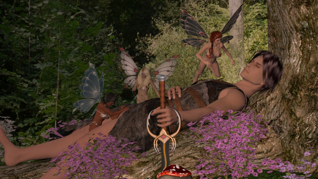 Обои картинки фото 3д графика, фантазия , fantasy, мужчина, природа, лес, существа, бабочки, девушки, сон
