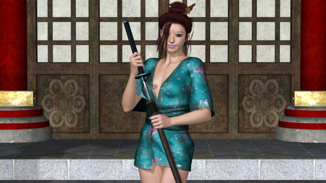 Обои картинки фото 3д графика, история , history, фон, взгляд, девушка, оружие