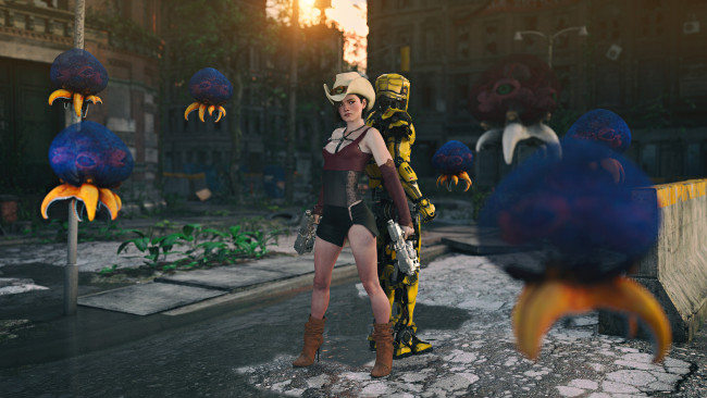 Обои картинки фото 3д графика, люди , people, пистолет, улица, робот, шляпа, взгляд, фон, девушка