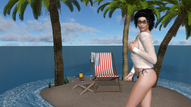 Обои картинки фото 3д графика, люди , people, шезлонг, фон, взгляд, девушка