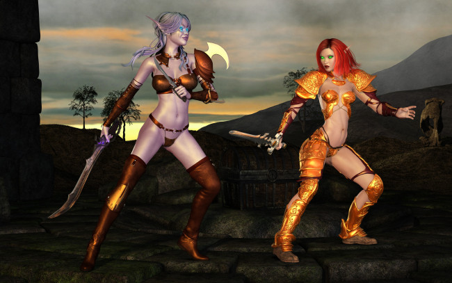 Обои картинки фото 3д графика, эльфы , elves, фон, девушки, сундук, меч, эльф, взгляд