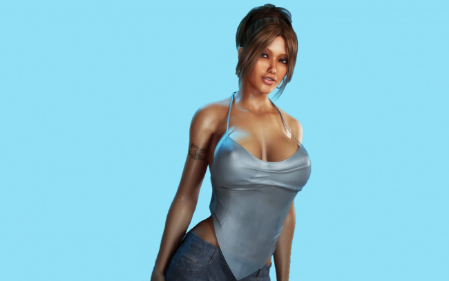 Обои картинки фото 3д графика, люди , people, взгляд, улыбка, тату, фон, девушка