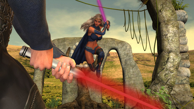 Обои картинки фото 3д графика, фантазия , fantasy, фон, взгляд, оружие, девушка