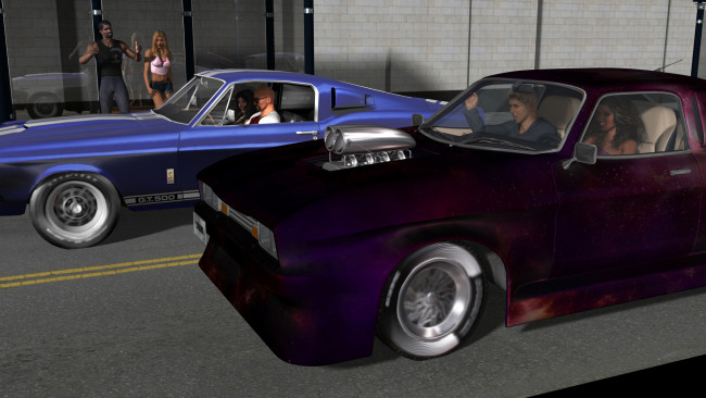 Обои картинки фото 3д графика, люди , people, автомобиль, девушки, фон, взгляд