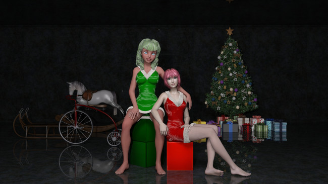 Обои картинки фото 3д графика, праздники , holidays, подарки, праздник, елка, фон, взгляд, девушки