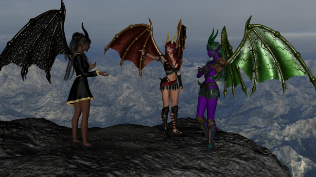 Обои картинки фото 3д графика, существа , creatures, девушки, взгляд, фон, демоны