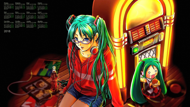 Обои картинки фото календари, аниме, очки, бутылка, девушка, кукла, взгляд, 2018