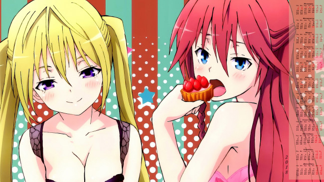 Обои картинки фото календари, аниме, пирожное, двое, взгляд, 2018, девушка