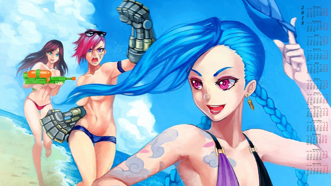 Обои картинки фото календари, видеоигры, эмоции, трое, взгляд, девушка, 2018