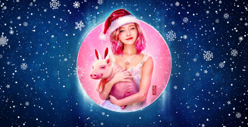 Картинка праздничные 3д+графика+ новый+год арт happy new year праздник новый год фон снежинки рождество снег свинья девушка зима