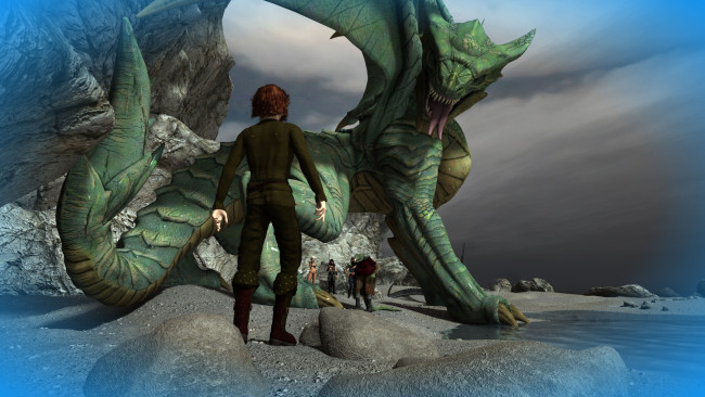 Обои картинки фото 3д графика, фантазия , fantasy, дракон, фон, люди