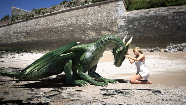 Обои картинки фото 3д графика, фантазия , fantasy, фон, дракон, взгляд, девушка