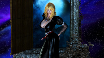 Картинка 3д+графика фантазия+ fantasy девушка фон взгляд платье дверь планета