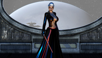 Картинка 3д+графика фантазия+ fantasy девушка фон взгляд униформа меч иллюминатор