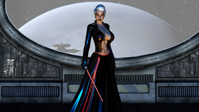 Обои картинки фото 3д графика, фантазия , fantasy, девушка, фон, взгляд, униформа, меч, иллюминатор