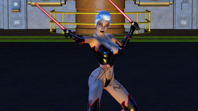 Обои картинки фото 3д графика, фантазия , fantasy, девушка, фон, взгляд, корсет, латекс, тату, меч