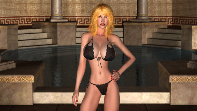 Обои картинки фото 3д графика, люди , people, девушка, фон, взгляд, бассейн, купальник