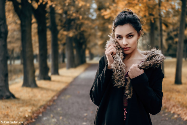 Обои картинки фото девушки, - брюнетки,  шатенки, осень, девушка, пальто, парк, взгляд