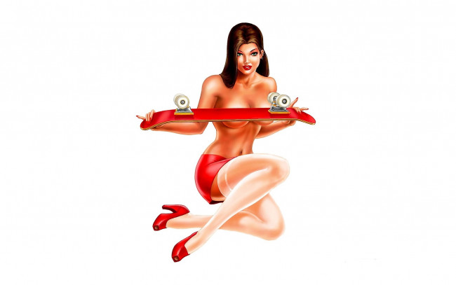 Обои картинки фото рисованное, люди, девушка, скейт, грудь, юбка, чулки, каблуки