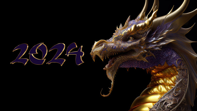 Обои картинки фото праздничные, - разное , новый год, морда, дракон, цифры, новый, год, черный, фон, дата, 2024, ии-арт
