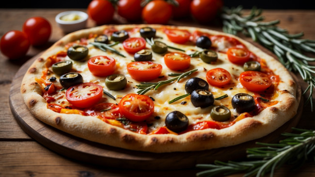 Обои картинки фото еда, пицца, розмарин, маслины, помидоры