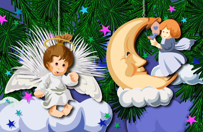 Обои картинки фото праздничные, векторная графика , новый год, ангелы, украшения, ёлка