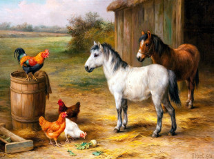 обоя рисованное, edgar hunt, лошади, куры, сарай, сено, бочка, двор