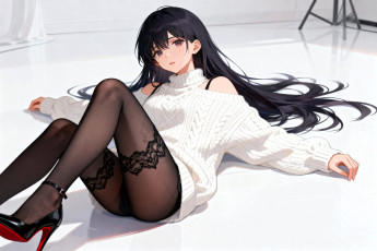 Картинка аниме unknown +другое+ девушка брюнетка свитер колготки туфли пол