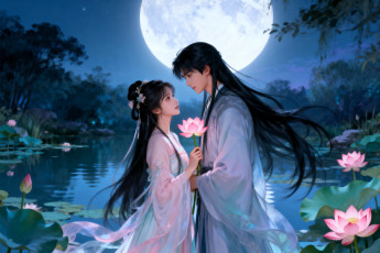 Картинка аниме unknown +другое+ парень девушка лотосы любовь озеро луна