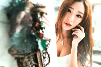 обоя девушки, - лица,  портреты, шатенка, лицо, азиатка, стена, украшение