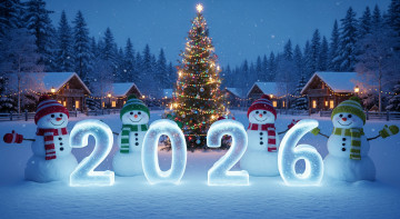 обоя праздник, праздничные, снеговики, зима, снег, новый, год, арт, 2026, ёлка