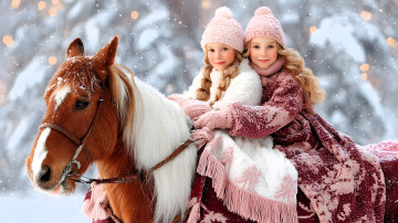 Картинка разное компьютерный+дизайн девочки дети лошадь зима снег