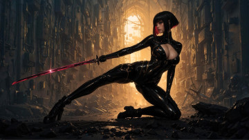 Картинка 3д+графика фантазия+ fantasy девушка наряд латекс меч стены