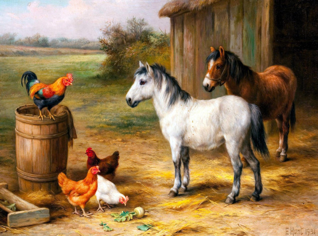 Обои картинки фото рисованное, edgar hunt, лошади, куры, сарай, сено, бочка, двор