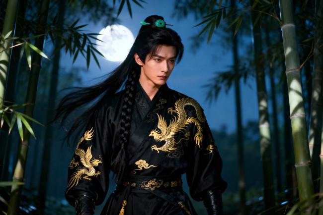 Обои картинки фото 3д графика, люди , people, парень, длинные, волосы, коса, наряд, луна, лес, бамбук